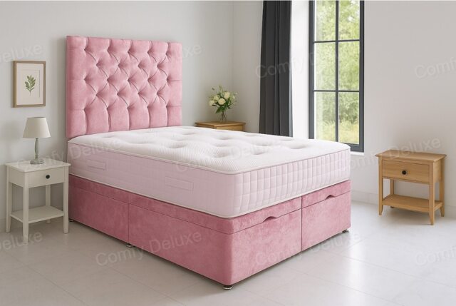 Ottoman Bed Pink Crush Velvet 3ft Single with Headboard and Mattress Set
