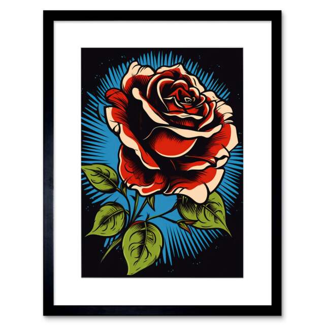 "A Blooming Rose Old School USA Tattoo Ink Rockabilly 50s 9x7"" Black Framed Wall Art Print"