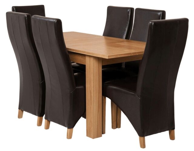 Hampton 120-160cm Oak Extending Dining Table and 6 Lola Leather Chairs Brown Brown