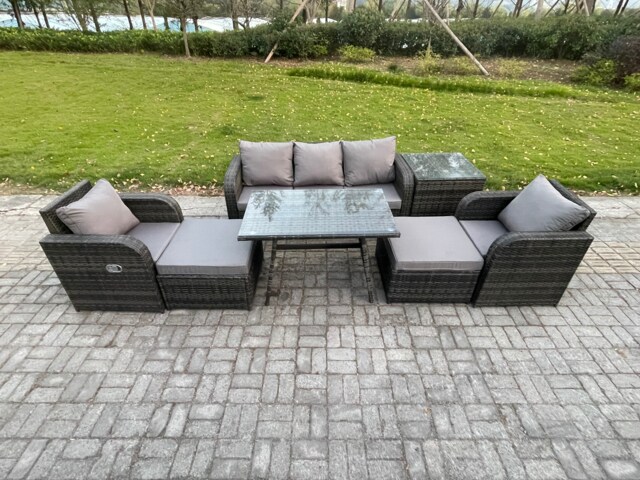 Fimous Outdoor Garden Furniture Sets 7 Pieces Wicker Rattan Furniture Sofa Sets with Rectangular Dining Table 2 Big Footstool Side Table