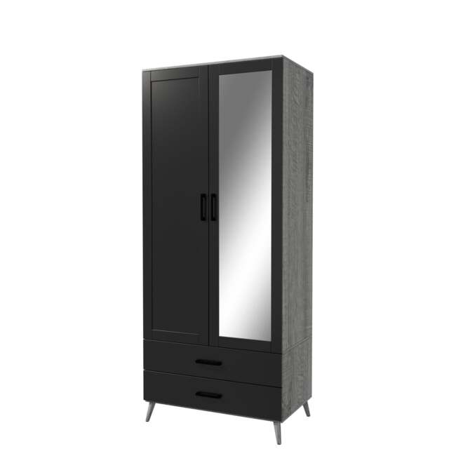 2-Door 2-Drawer Mirror Wardrobe with Legs Grey Ash Grey & Black 55 x 9.5 x 149 1