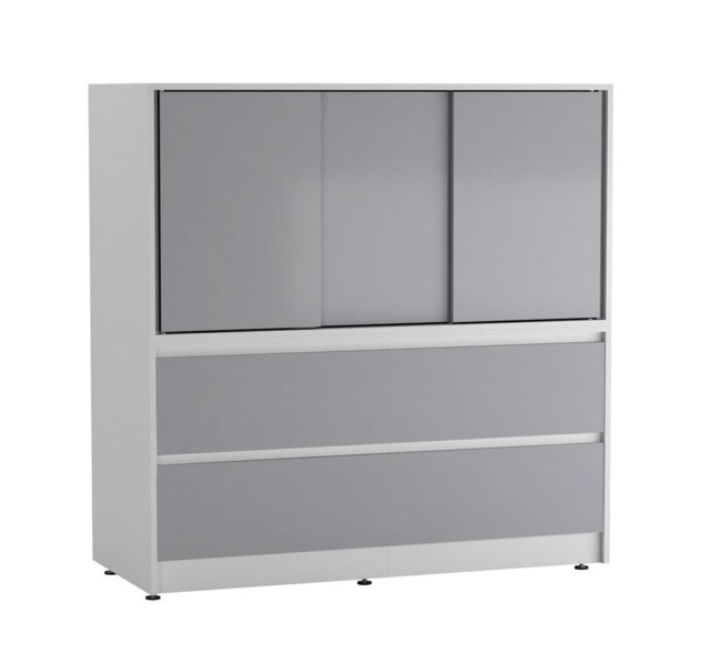 120cm 3 Sliding Door 4 Drawer Bedside Cabinet Storage End Unit Bedroom Furniture Multi White with Grey Doors 1