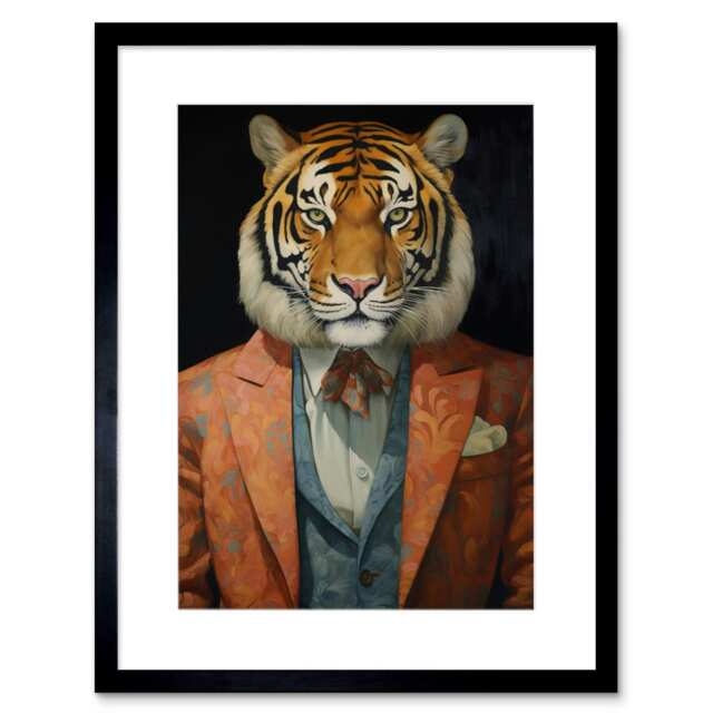 "Tiger About Town Pink Blue Suit Jacket 9x7"" Black Framed Wall Art Print"