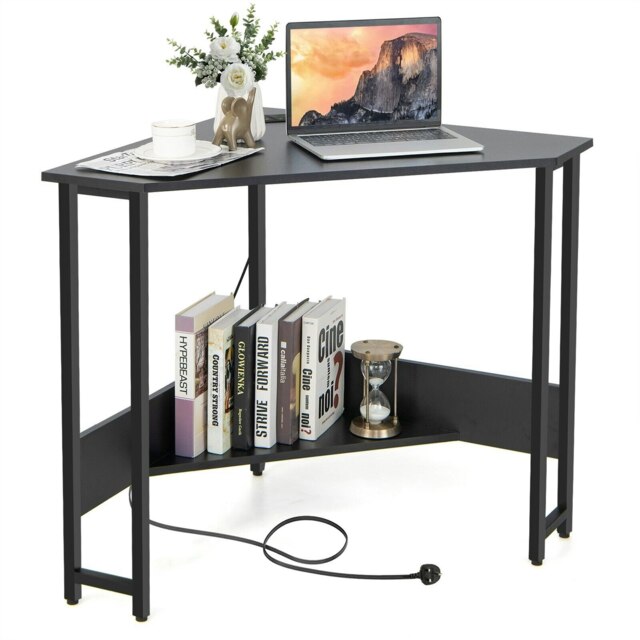 COSTWAY Corner Desk Triangle Computer Table w/Power Outlet Black Black