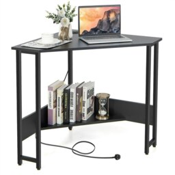 COSTWAY Corner Desk Triangle Computer Table w/Power Outlet Black Black