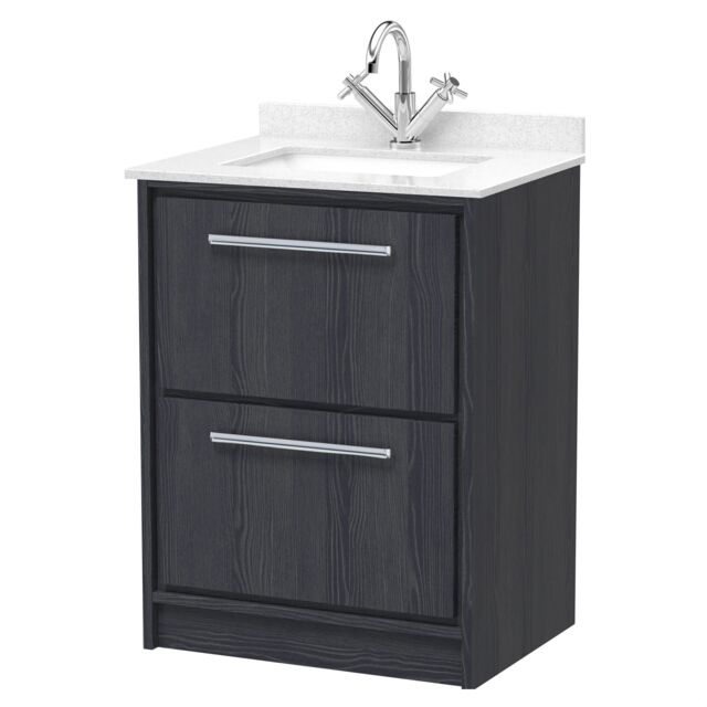 Balterley Longnor 2 Drawer Floor Standing Vanity Unit with Square Basin and Marble Worktop, Woodgrain Graphite Grey, 600mm