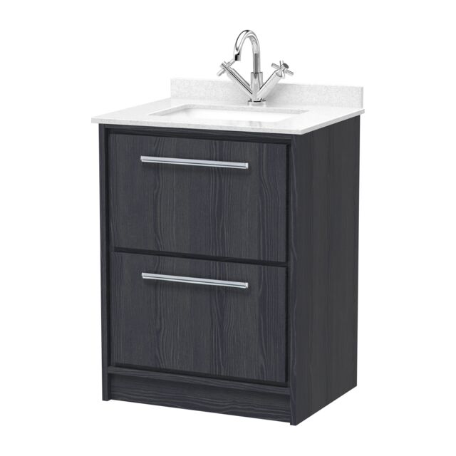 Balterley Longnor 2 Drawer Floor Standing Vanity Unit with Square Basin and Marble Worktop, Woodgrain Graphite Grey, 600mm