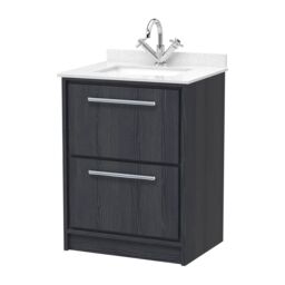 Balterley Longnor 2 Drawer Floor Standing Vanity Unit with Square Basin and Marble Worktop, Woodgrain Graphite Grey, 600mm