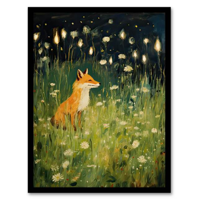 Moonlit Fox Flower Meadow At Night Oil Black Framed Wall Art Print A4