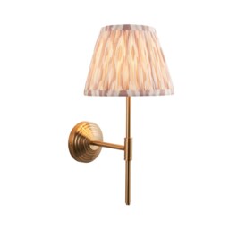 Obelisk T Bar Brushed Aged Brass Plate Wall Light with Neutral Print Fabric Ikat Shade 20cm B22