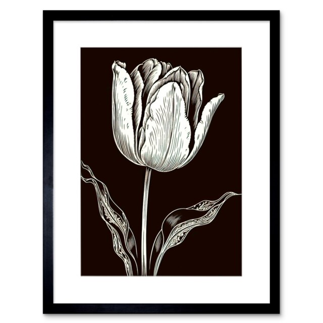 "Tulip Flower Black White Contour Folk Art 9x7"" Black Framed Wall Art Print"