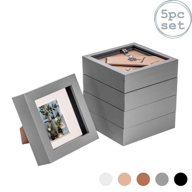 "Nicola Spring 4 x 4"" Photo Frames - Grey/Ivory Mount - 3D Picture Frame Box Portrait Display Case (12.5 x 12.5cm) Set of 5"