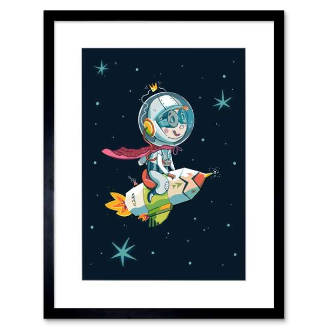 "Space Super Astronaut Rocket Ship Cartoon Kids Bedroom 9x7"" Black Framed Wall Art Print"