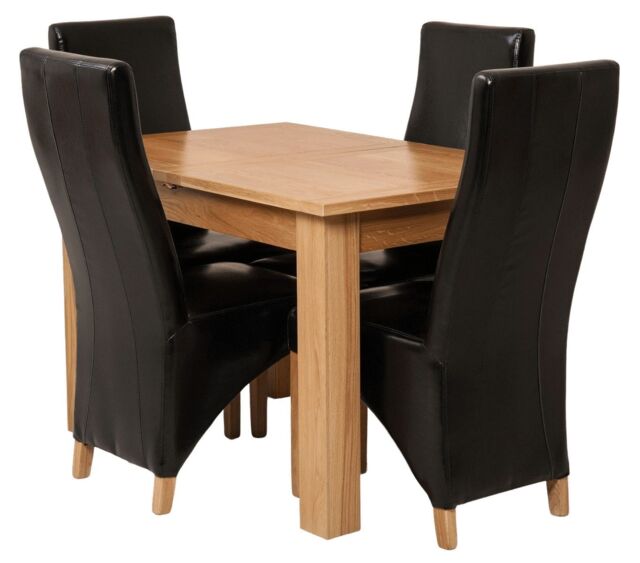 Hampton 120-160cm Oak Extending Dining Table and 4 Lola Leather Chairs Black Black