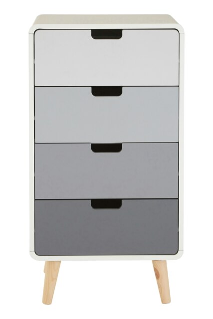 Interiors by Premier Contemporary 4 Drawer Cabinet, Ample Storage Space Bedside Cabinet, Renewable Pine Wood Legs Storage Cabinet Grey
