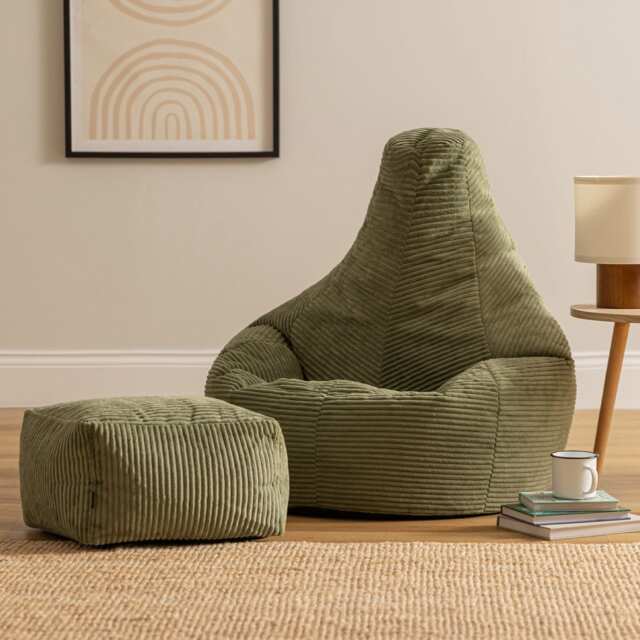 Dalton Cord Adults Bean Bag Recliner and Pouffe, Ready Filled Beanbag and Footstool Sage Green Green Sage Green 1