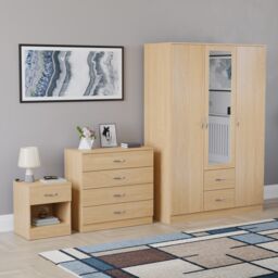 Vida Designs Riano 3 Piece Bedroom Set (1 Drawer Bedside Chest, 4 Drawer Chest, 3 Door 2 Drawer Mirrored Wardrobe) - Pine