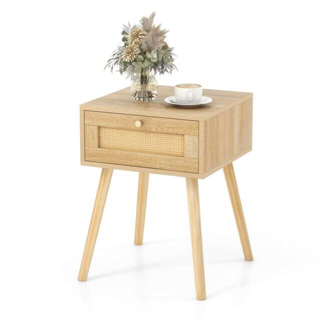 COSTWAY Bedroom Rattan Nightstand Wood End Table Brown