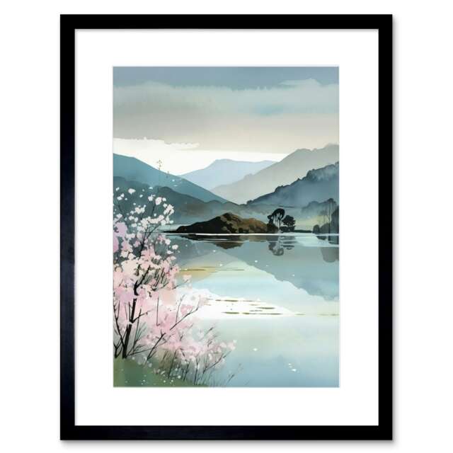 "Lakeside Landscape Cherry Blossom Tree Watercolour 9x7"" Black Framed Wall Art Print"