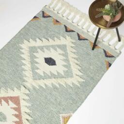Homescapes Tenali Blue Kilim Wool Rug - 90 x 150 cm Blue Blue and White