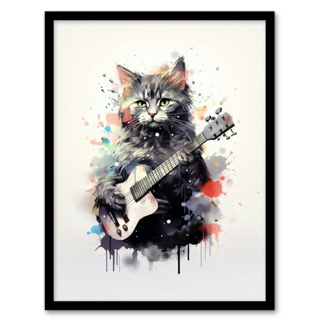 Cat Smelly Guitar Watercolour Pet Portrait Home Decor Black Framed Wall Art Print A4
