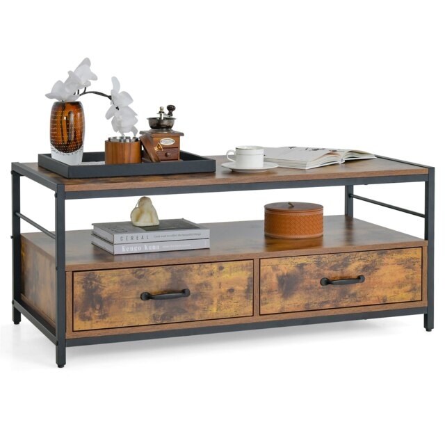 COSTWAY Industrial Coffee Table Wooden Center Table with 2 Drawers Brown