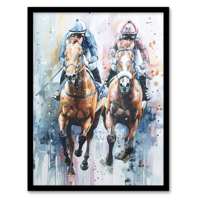 Jockeys On Racehorses Modern Pastel Home Decor Black Framed Wall Art Print A4