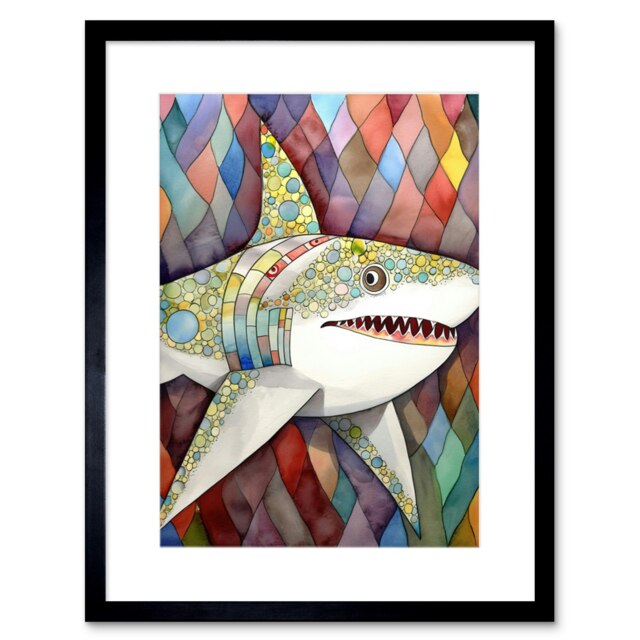 "Great White Shark Folk Art Watercolour Painting 9x7"" Black Framed Wall Art Print"