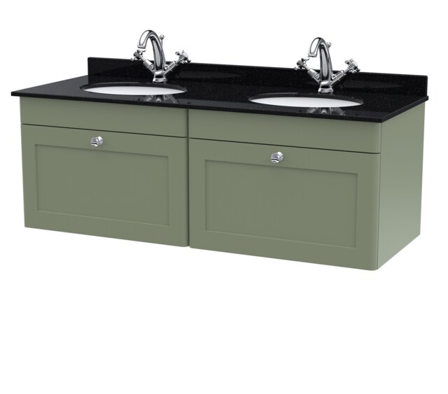 Balterley Swynnerton Traditional 2 Drawer Wall Hung Vanity Unit with Double Marble Basin, Satin Green, 1200mm