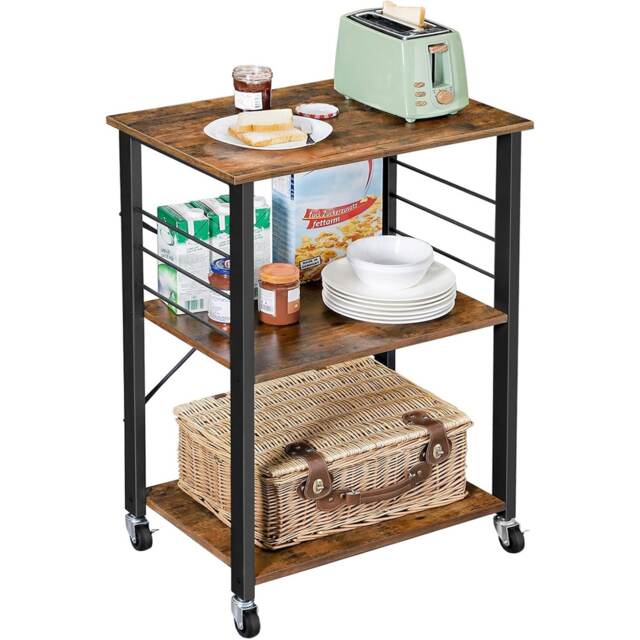 Rolling Kitchen Cart, 3 Tiers, Mobile Serving Trolley, Microwave Storage Stand, Rack with 6 Hooks, Rustic Brown and Black