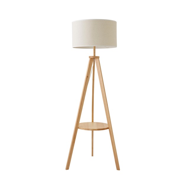 ValueLights Morrigan Wooden Tripod Floor Lamp White Trim Shade & Bulb Brown White