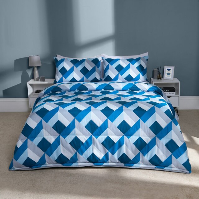 OHS Reversible Coverless 10.5 Tog Soft Plush All Year Round Duvet Cover and Pillowcase Bedding Set Blue Navy Abstract Double
