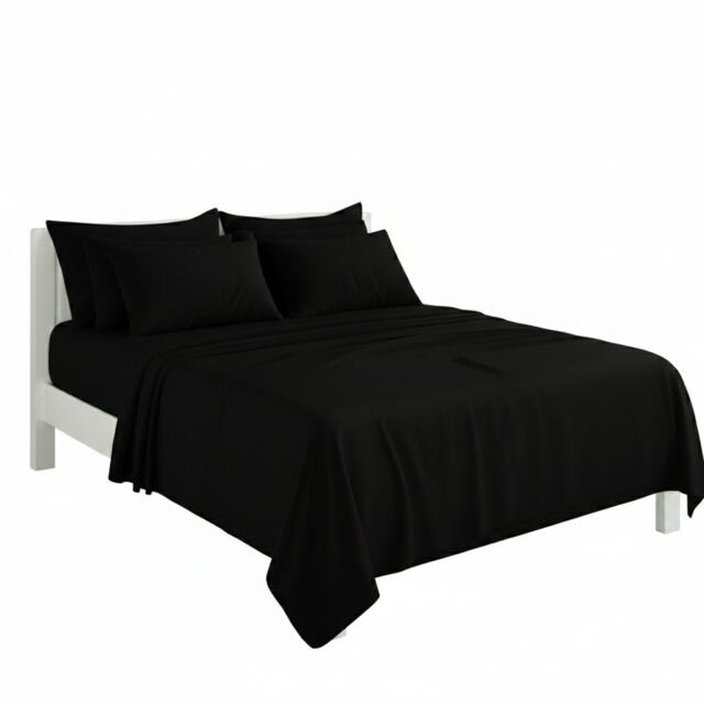 Plain Poly Cotton Easy Care Fitted Flat Sheet Matching Pillowcases Set Black Double