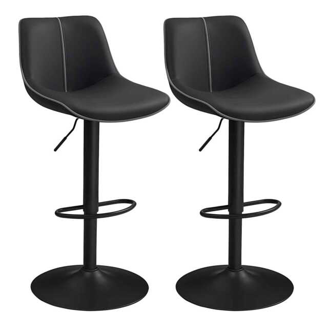 Set of 2 Adjustable Swivel Bar Stools, Quilted Synthetic Leather Kitchen Chairs with Backrest and Footrest, Ink Black