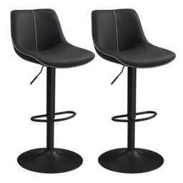 Set of 2 Adjustable Swivel Bar Stools, Quilted Synthetic Leather Kitchen Chairs with Backrest and Footrest, Ink Black
