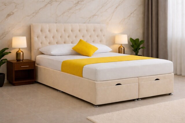 Lift Open Ottoman Cream Chesterfield Plush Velvet 6ft Superking Bed Set