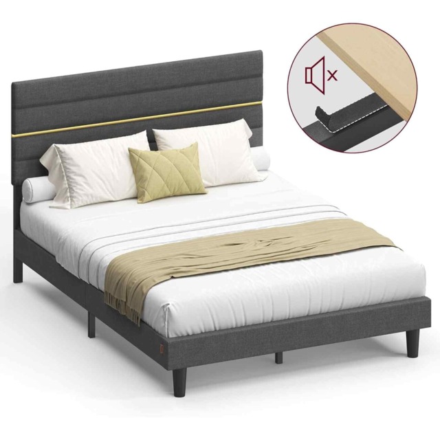 Double Bed Frame with Adjustable Upholstered Headboard, Wooden Slats, Modern Metal Frame, Slate Grey