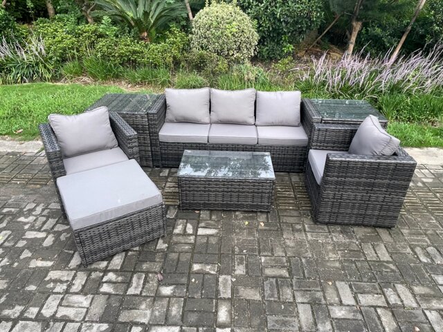 Fimous Outdoor Rattan Garden Furniture Set with 3 Seater Sofa Coffee Table 2 Side Tables 2 Armchairs Big Footstool Patio Lounge Sofa Set Dark Grey Mixed