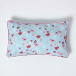 Homescapes Cotton Birds and Flower Rectangular Cushion Cover - 30 x 50 cm Blue Blue 30 x 50 cm