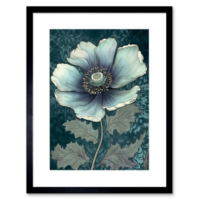 "Anemone Flower Bloom Teal Blue Watercolour 9x7"" Black Framed Wall Art Print"