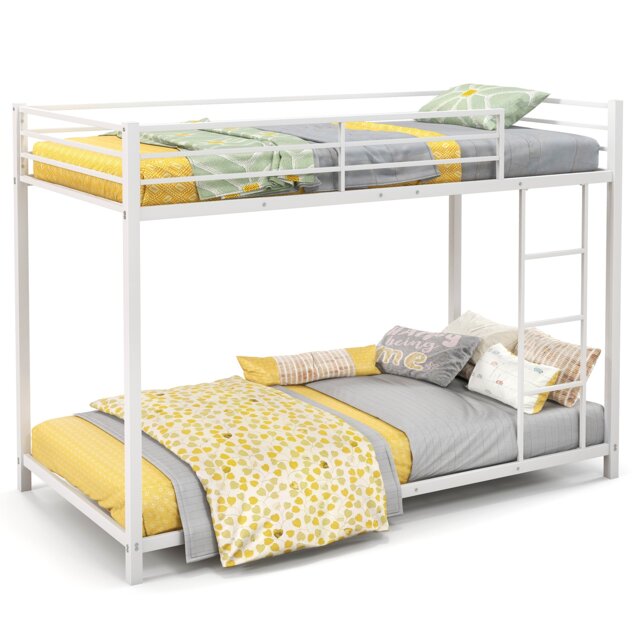 COSTWAY Metal Bunk Bed Low Profile Single Over Single Bunk Beds Ladder White
