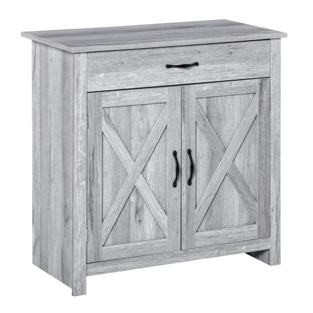HOMCOM Farmhouse Barn Door Sideboard Storage Cabinet Coffee Bar for LIVING Room Grey Grain Grey Grey