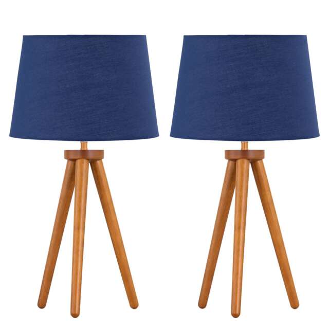 Set of 2 Dark Oak Table Lamp or Bedside Lights with Navy Blue Shades Brown Blue Large 2