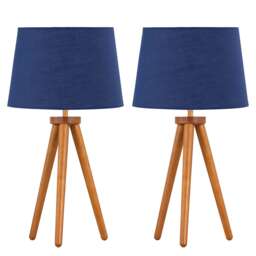 Set of 2 Dark Oak Table Lamp or Bedside Lights with Navy Blue Shades Brown Blue Large 2