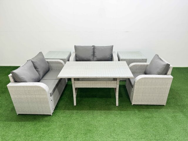 Fimous High Back Poly Rattan Garden Furniture Set with Reclining Chair Loveseat Sofa Rectangular Dining Table Indoor Outdoor Patio Set 2 Side Table Light Grey