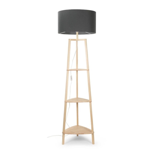 ValueLights Hiru Wooden 3 Tier Shelf Floor Lamp Charcoal Shade and Bulb