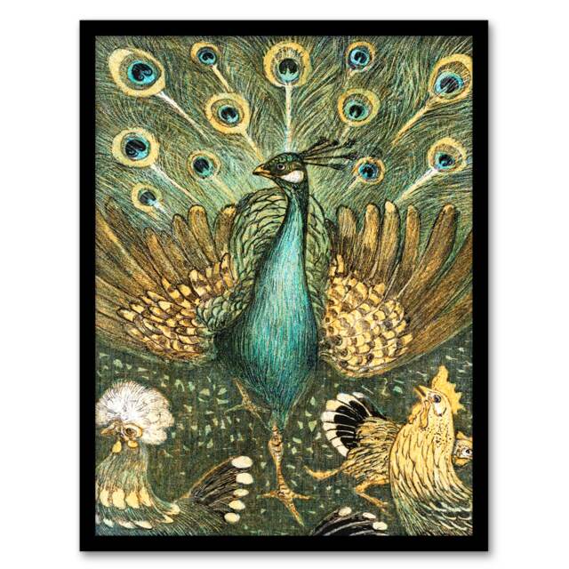 Theo van Hoytema Framed Wall Art Print Peacock with Hens Painting Home Décor