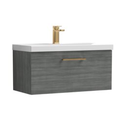 Balterley Wall Hung Bathroom 1 Drawer Vanity Unit & 1 Tap Hole Ceramic Basin, & Handle Grey Anthracite Woodgrain