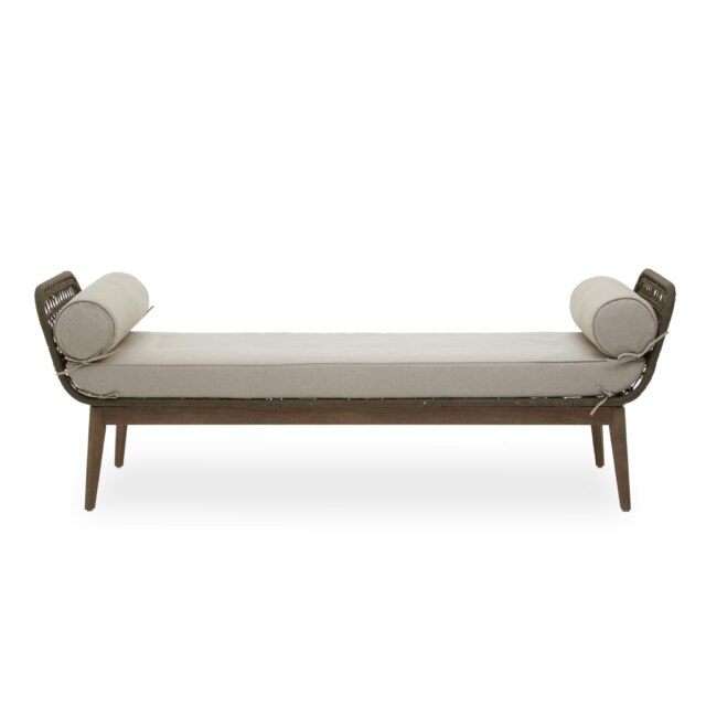 Orsina Rattan Woven Day Bed with 2 side Round Pillow, Rattan Lounge Bench, Wooden Day Bed for Living Room