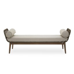 Orsina Rattan Woven Day Bed with 2 side Round Pillow, Rattan Lounge Bench, Wooden Day Bed for Living Room